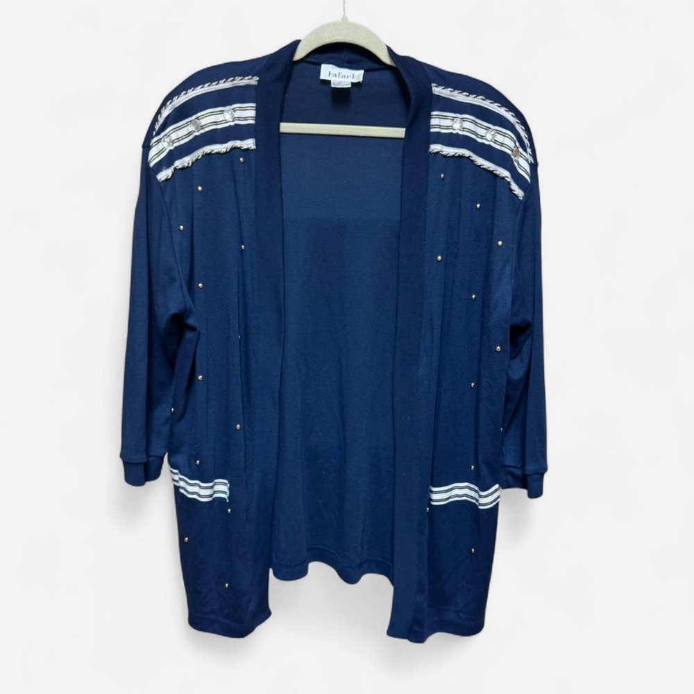 RAFAEL Navy Cardigan with Gold Studs and White Stripes